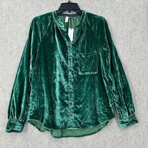 NWT Anthropologie Pilcro Velvet Button-Up‎ Blouse Womens SMALL Emerald Green Top